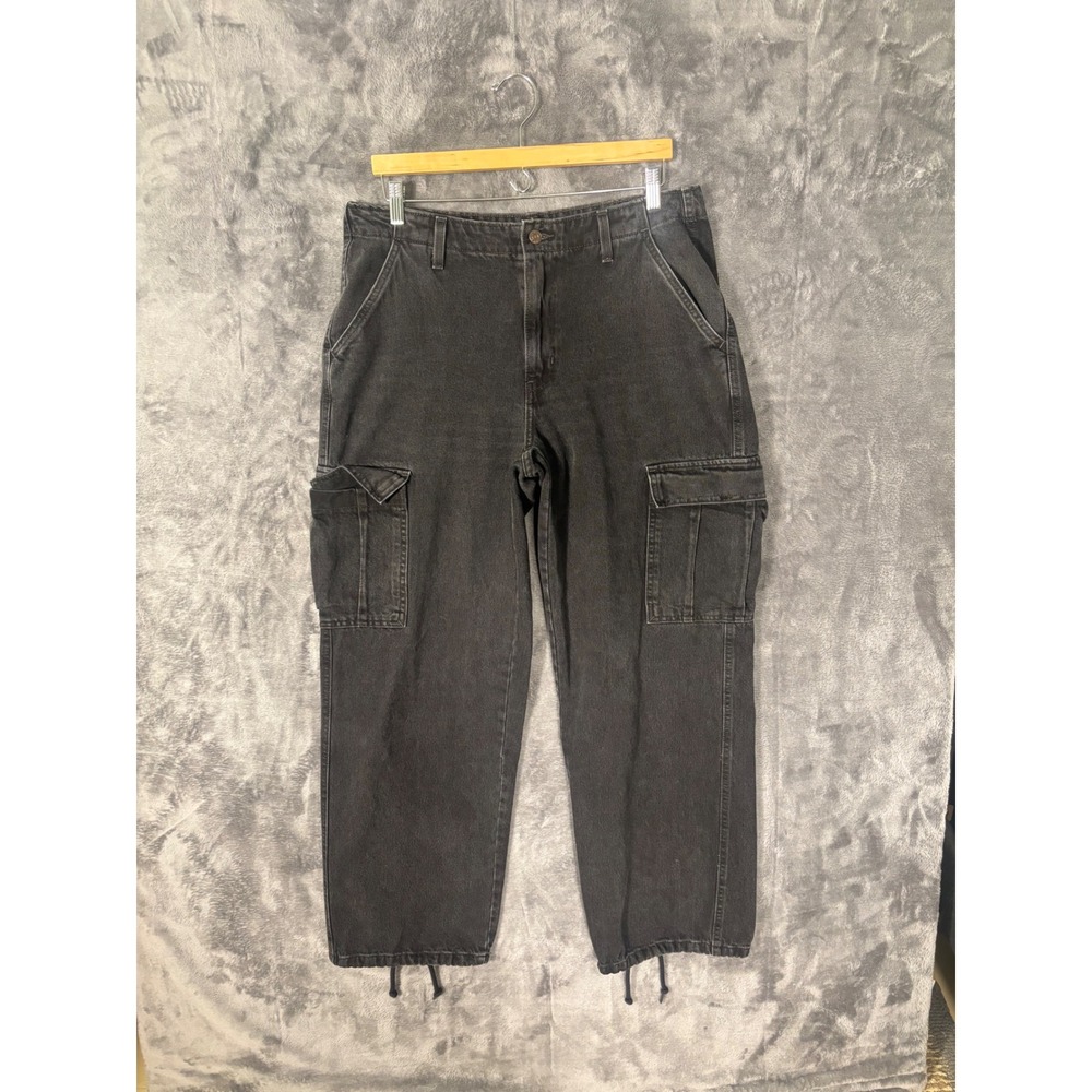 Levis Loose Cargo Pants Black Denim Wide Leg Drawstring Hem Mens 34x27